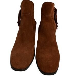 Lucky Brand Brown Suede Fringe Western Ankle Boots Women’s 6.5 Boho Block Heel